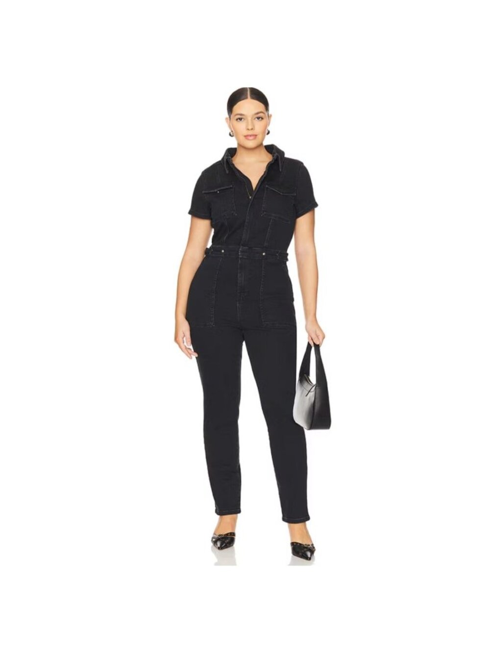 Good American XL Womens Fit For Success Jumpsuit Black Denim Short Sleeve Romper